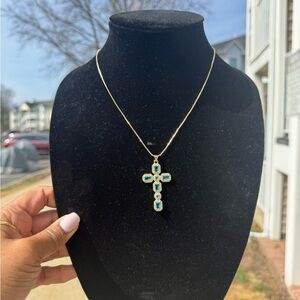 Gold and Blue Cross Pendant Necklace